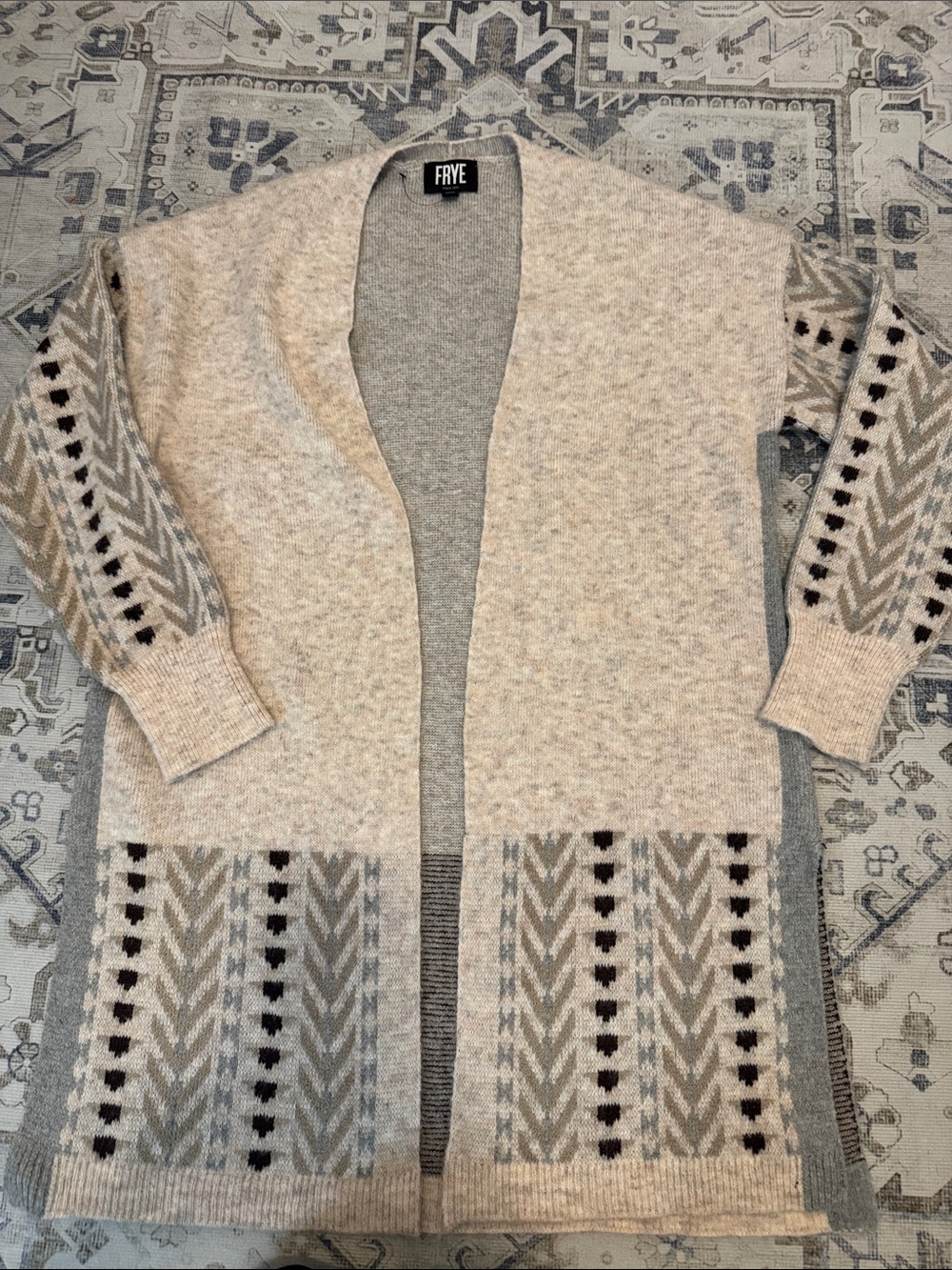 FRYE Size L Long Open Front Cardigan Geometric Fair Isle Knit Sweater